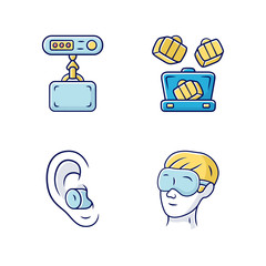 Travel accessories color icons set. Digital luggage, baggage weights, packing cubes. Noise cancelling earplugs, sleeping eyemask. Tourism equipment, items. Isolated vector illustrations