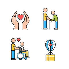 Volunteering color icons set. Charity project, disabled and elderly people help, humanitarian assistance. Community service help. Isolated vector illustrations