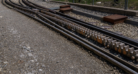 Fototapeta na wymiar Switch of the rack railway track in Switzerland