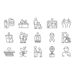 Volunteering linear icons set. Reliance on volunteers in problem solving. Social activity. Community service help. Thin line contour symbols. Isolated vector outline illustrations. Editable stroke