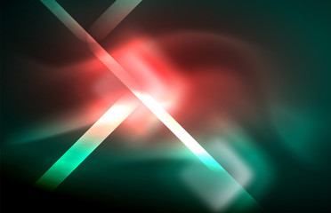 Neon square and line lights on dark background with blurred effects