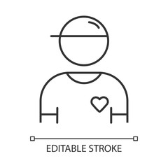 Volunteer linear icon. Charity organization member. Social projects follower. Humanitarian program assistant. Thin line illustration. Contour symbol. Vector isolated outline drawing. Editable stroke