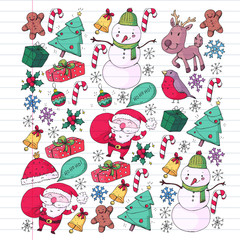 Fototapeta na wymiar Christmas winter party. Happy new year. Bullfinch, Santa Claus, snowman, deer. Presents and candy.