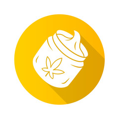Hemp cream flat design long shadow glyph icon. Cannabis cosmetic product. Ganja distribution and sale. Jar of weed lotion. Marijuana legalization. CBD oil herbal cream. Vector silhouette illustration