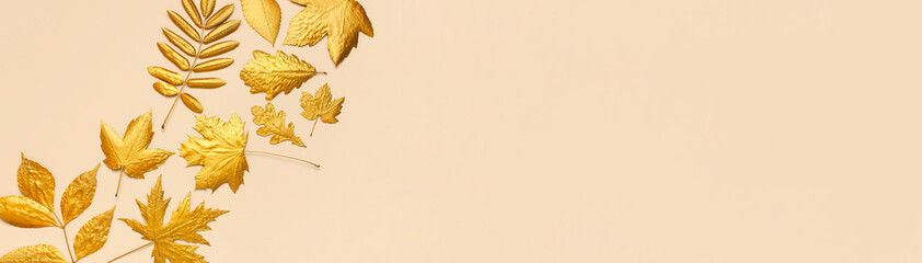 Naklejka na ściany i meble Flat lay creative autumn composition. Golden leaves on beige background top view copy space. Fall concept. Autumn background. Minimal concept idea, floral design