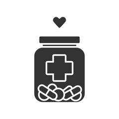 Medical aid glyph icon. Nursing service. Medical volunteering. Course of treatment. Can with different pills. Bottle with drugs, heart. Silhouette symbol. Negative space. Vector isolated illustration