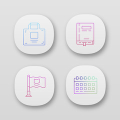 Office accessories app icons set. UI/UX user interface. Web or mobile applications. Business equipment vector isolated illustrations. Working notepad, calendar, businessman briefcase and small flag