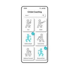 Cricket skills training smartphone interface vector template. Mobile app page color design layout. Sports coaching screen. Linear UI for application. Cricketer hitting ball phone display
