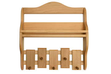 Wooden shelf with linden hangers on a white background