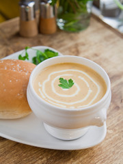 Delicate creamy soup with butternut, sweet potato, potato and pumpkin.