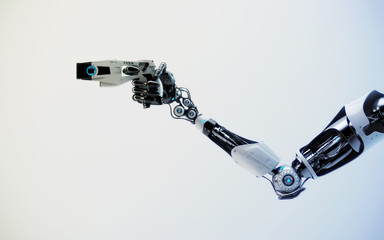 Robotic arm holding futuristic taser gun, 3d rendering