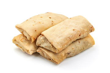 Stuffed pancakes, crepes with filling, isolated on white background