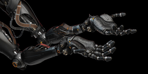Pair of synthetic robotic arms gesturing with open palms, 3d rendering on dark background