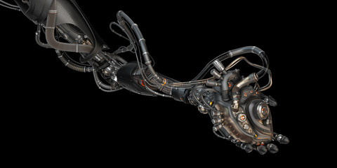 Robotic hand holding wired artificial heart, 3d rendering on black background