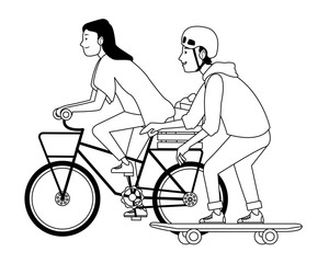 Young people with bike and skateboard in black and white
