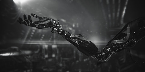 Prosthetic robotic arm gesturing with open palm, 3d rendering on sci-fi background