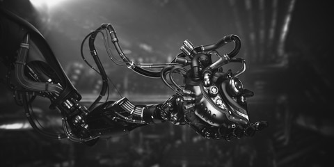 Robotic hand holding wired artificial heart, 3d rendering on dark sci-fi background