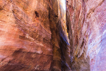 The stone walls of the narrow passage (Siq) that leads to Petra in Jordan