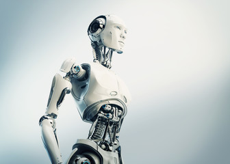 Smart handsome robot male with an open mechanical digestive system, 3d rendering in profile