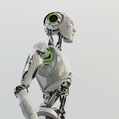 Smart handsome robot male with an open mechanical digestive system, 3d rendering in profile