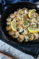 Shrimp Scampi With Fresh Lemons in Cast Iron Skillet