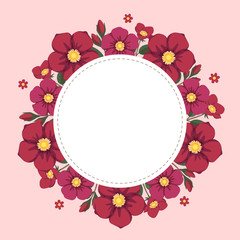 Floral greeting card and invitation template for wedding or birthday, Vector circle shape of text box label and frame, Red and pink flowers wreath ivy style with branch and leaves.