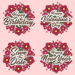 Red and pink flower greeting card message template for happy birthday, valentine's day, wedding and happy new year with flower wreath.