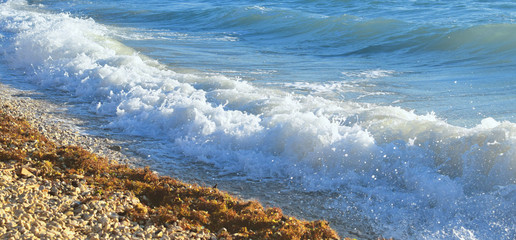 Detail of sea or ocean waves in coast. Summer or holiday background.