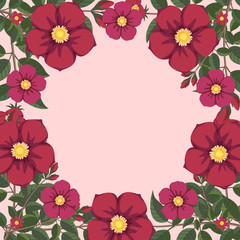 Naklejka na ściany i meble Floral greeting card and invitation template for wedding or birthday, Vector circle shape of text box label and frame, Red and pink flowers wreath ivy style with branch and leaves.