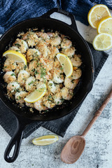 Shrimp Scampi With Fresh Lemons in Cast Iron Skillet