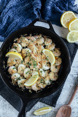Shrimp Scampi With Fresh Lemons in Cast Iron Skillet