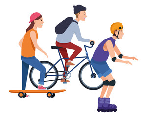 Young peple with sakteboard, skates and bikes