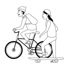 Young people with bike and skateboard in black and white