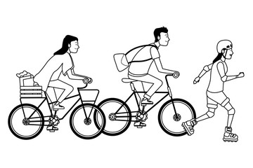 Fototapeta premium People with bikes and skates in black and white