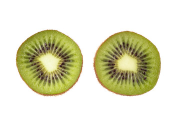 two kiwi halves isolated on white background