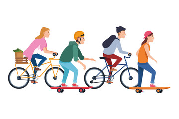 Fototapeta premium People with bikes and skateboard