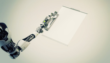 Artificial robotic arm holding blank sci-fi tablet, 3d rendering