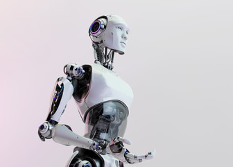 Cyborg man by torso, gesturing 3d rendering