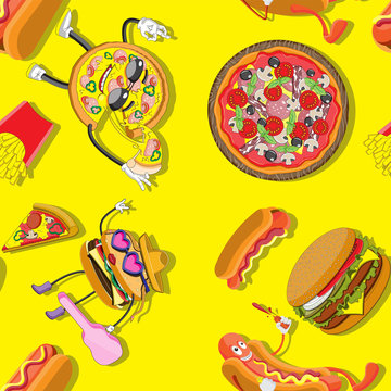 Seamless background of cartoon characters and food Burger hot dog pizza French fries. Print textile paper. Vector image.