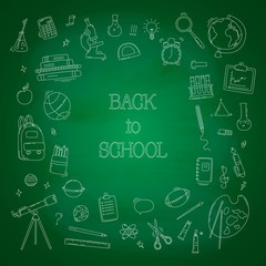 Back to school big doodles set on green chalkboard. Vector illustration. 