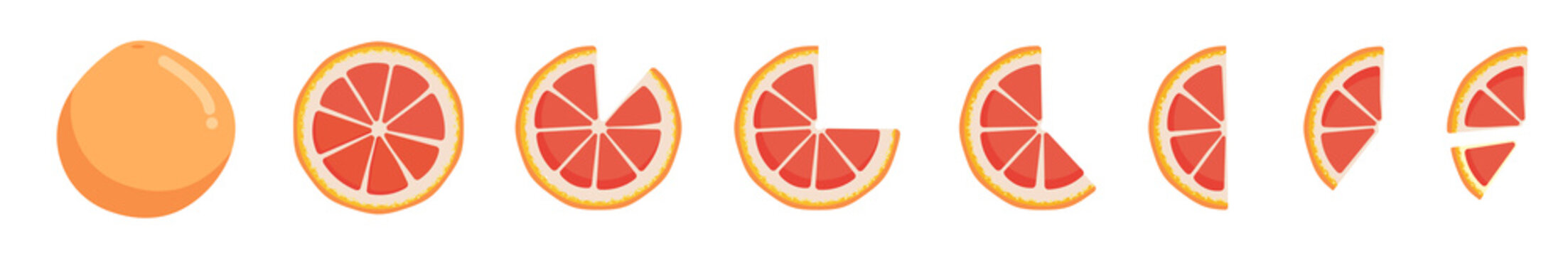 Vitamin C. Set of vector isolated elements. Bright fresh ripe juicy whole and cut grapefruit and slices isolated on white background. Clip art for your design