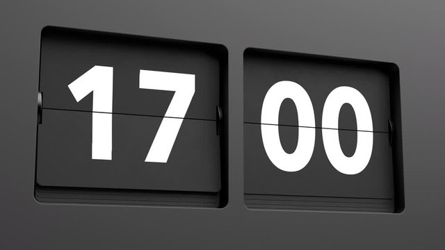 Five o'clock. Finishing time. A flip clock calendar turns slowly from 16:59 to 17:00. Ultra slow motion. High quality 3d animation.