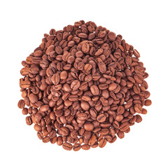 heap of coffee beans isolated on white background. top view