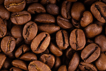 fresh brown coffee beans background. top view