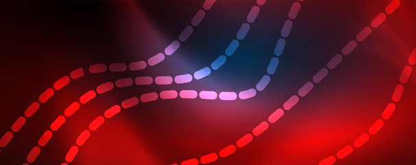 Fototapeta premium Smooth wave lines on blue neon color light background. Glowing abstract wave on dark, shiny motion, magic space light