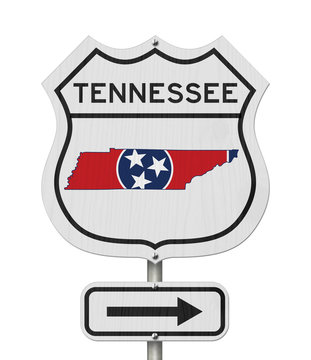 Tennessee map and state flag on a USA highway road sign