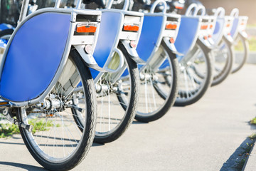 Obraz premium Blue similar bikes stand on parking for rent