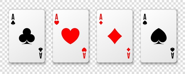 Four aces. Poker winning hand. Hearts, clubs spades and diamonds ace. Realistic card suit vector illustration on transparent background