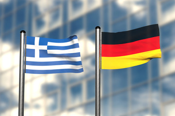 3d render of an flag of Greece and Germany, in front of an blurry background, with a steel flagpole