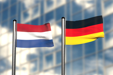 3d render of an flag of Netherland and Germany, in front of an blurry background, with a steel flagpole